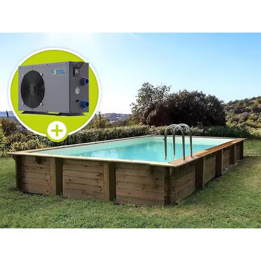 Kit de piscina retangular em madeira Tampa – 7,20 x 4,20 x 1,44 + Bomba de calor